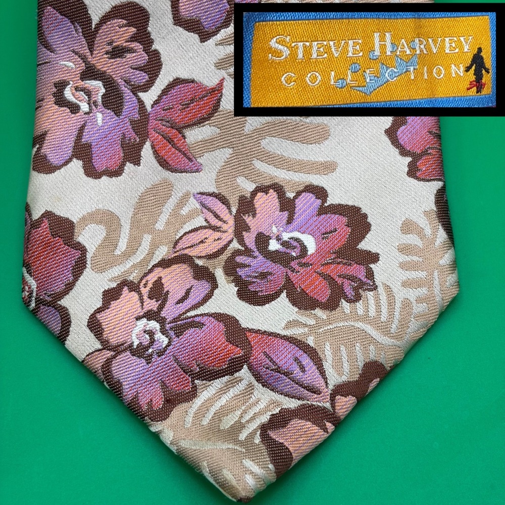 VTG Y2K Steve Harvey 100% Silk Necktie Mens 64" Extra Long Tan/Pink Floral Tie